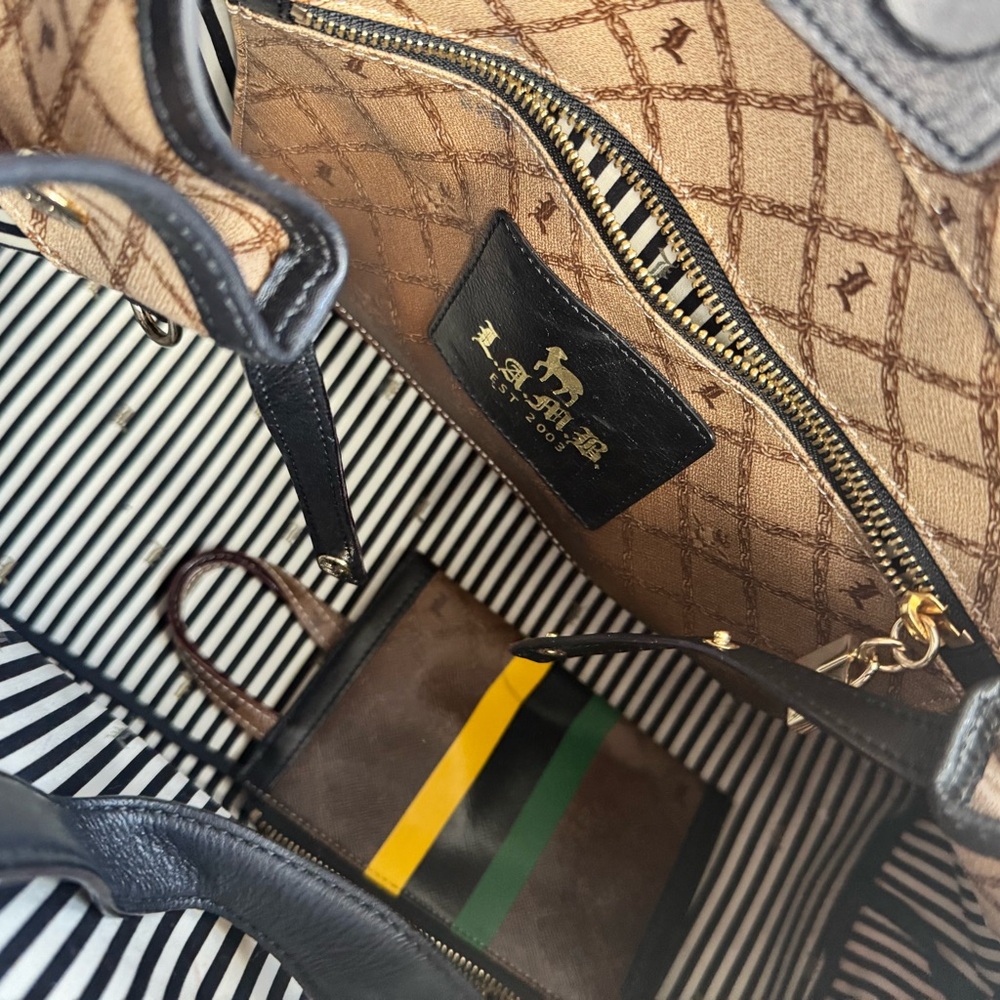 L.A.M.B. Black and Brown Tote with Striped Interior
